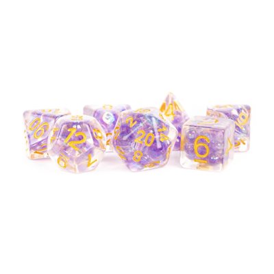 Dice: 7 pc: 16 mm: Resin: Pearl Purple with Gold Numbers