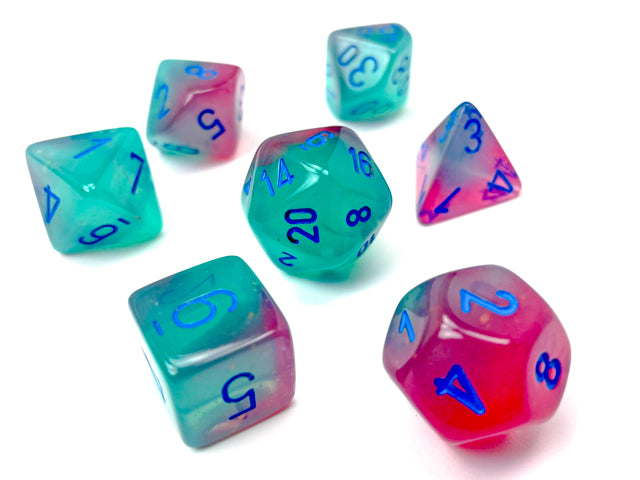 Gemini: 7Pc Polyhedral Gel Green-Pink / Blue Luminary