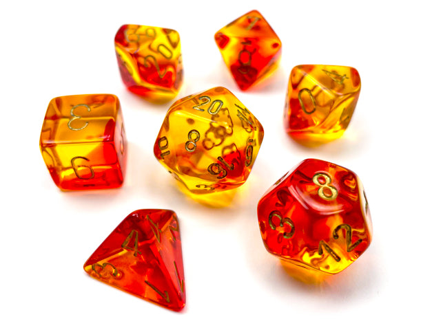 Gemini: 7Pc Polyhedral Translucent Red-Yellow / Gold