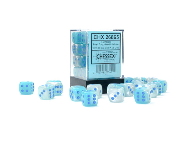 Gemini: 36D6 Pearl Turquoise-White / Blue Luminary Dice Block