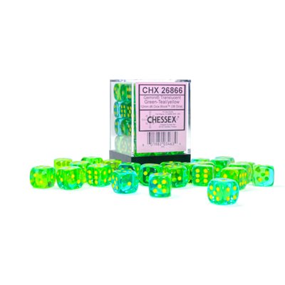 Gemini: 36D6 Translucent Green- Teal/Yellow Dice Block